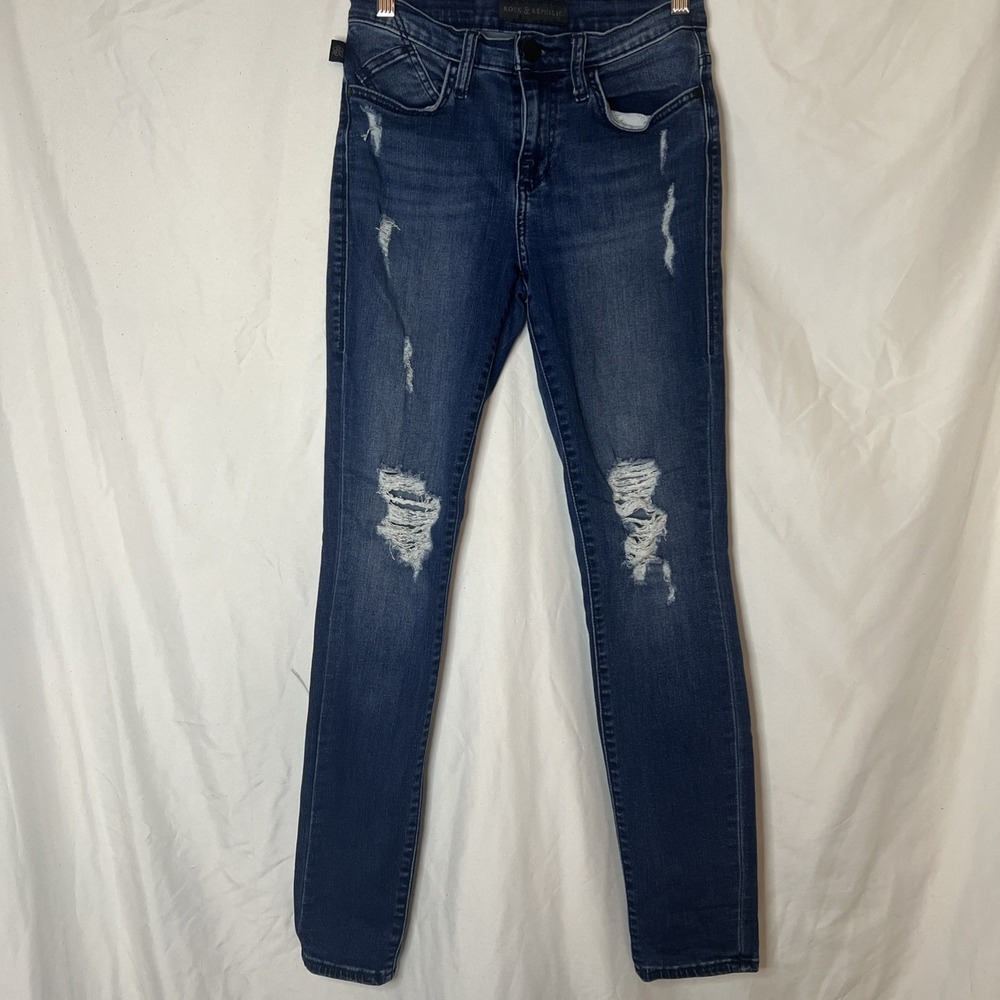ROCK & REPUBLIC Women's Destructed Berlin Dark Wash‎ Low Rise Stretch Jeans sz 4